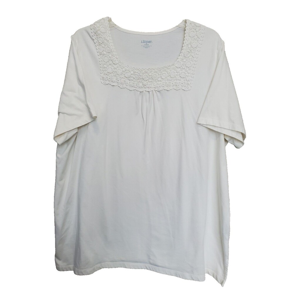 Liz & Me Ivory Cotton Blend Square Neck Embroidered Short Sleeve Tunic Size 2X
